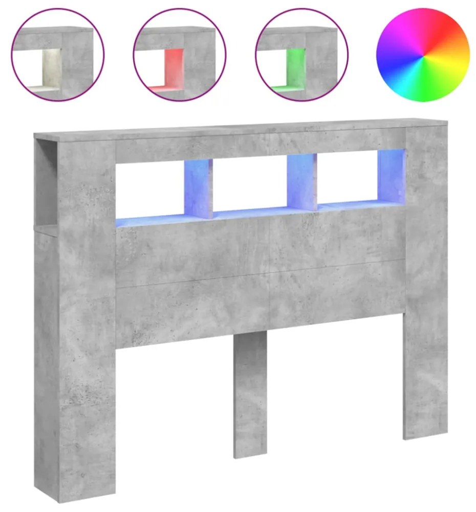 betonszürke szerelt fa LED-es fejtámla 140x18,5x103,5 cm