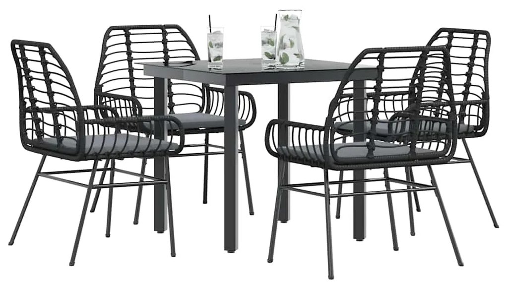 vidaXL 5 részes fekete polyrattan üveg kerti étkezőgarnitúra párnákkal
