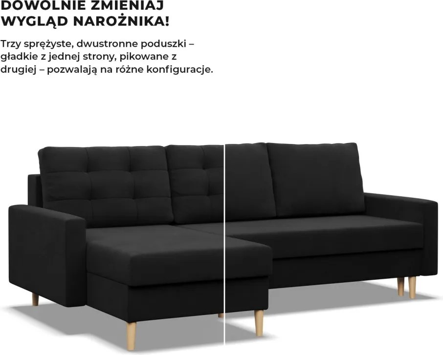 Etna sarokkanapé, 2 ágyneműtartóval, szövet anyag, univerzális oldal, hab töltet, fekete