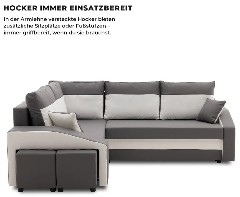 Grande sarokkanapé polcokkal és puffokkal , polc a jobb karfaban puffok a bal karfaban, baloldali, szövet anyag, bonell töltet, szürke - fehér