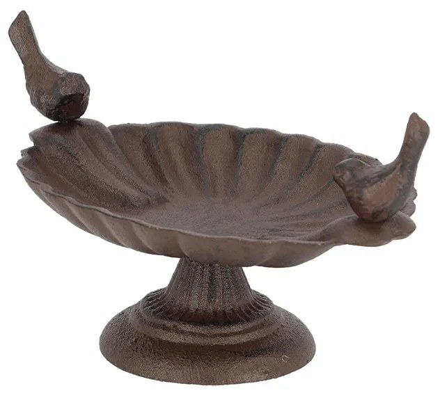 Öntöttvas madáretető és -itató, két kismadárral