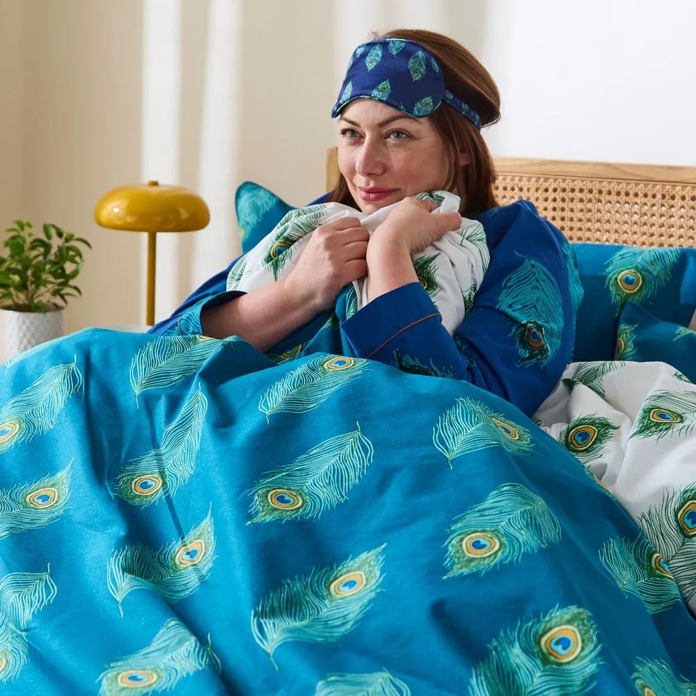 Fehér-kékeszöld kétszemélyes pamut ágyneműhuzat 200x200 cm Peacock Feather – Their Nibs