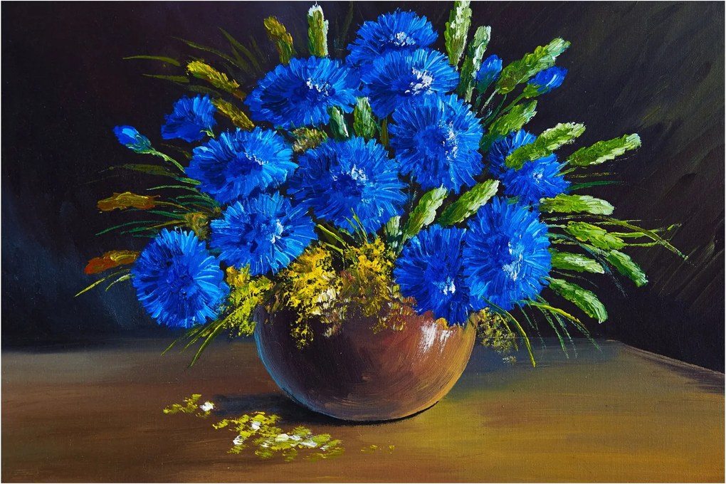 Kék virágok képe egy vázában (90x60 cm)