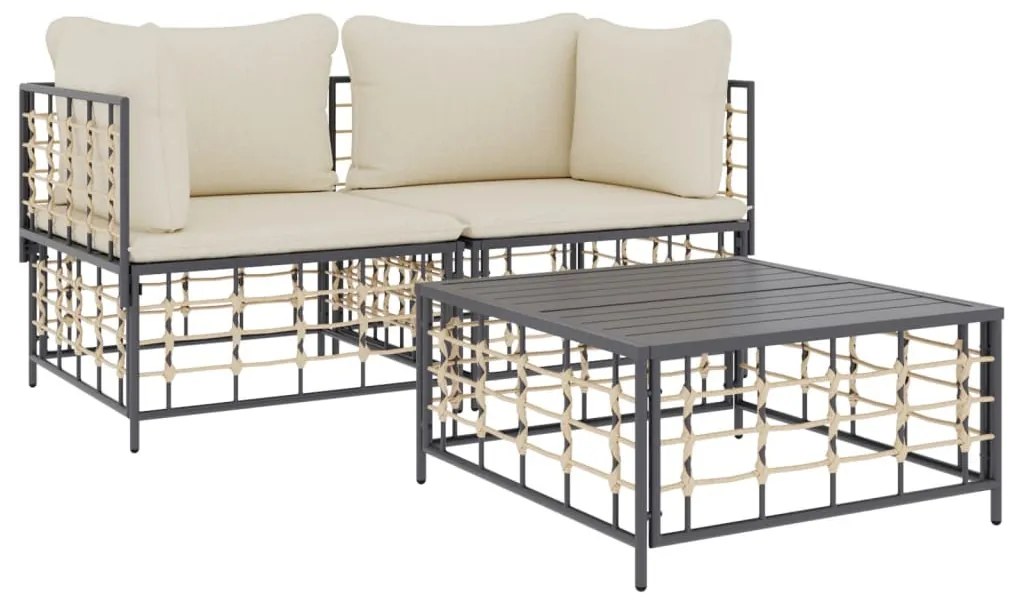 3 részes antracitszürke polyrattan kerti ülőgarnitúra párnákkal