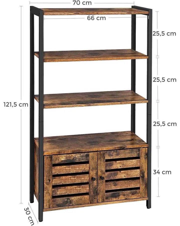 Könyvespolc, tárolószekrény 3 polccal 70 x 30 x 121,5 cm, rusztikus barna | VASAGLE