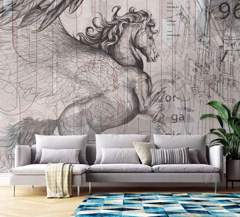 Gario Fotótapéta Pegasus - egy ijedt ló egy absztrakt grafikán Anyag: Vlies, Méret: 150 x 105 cm