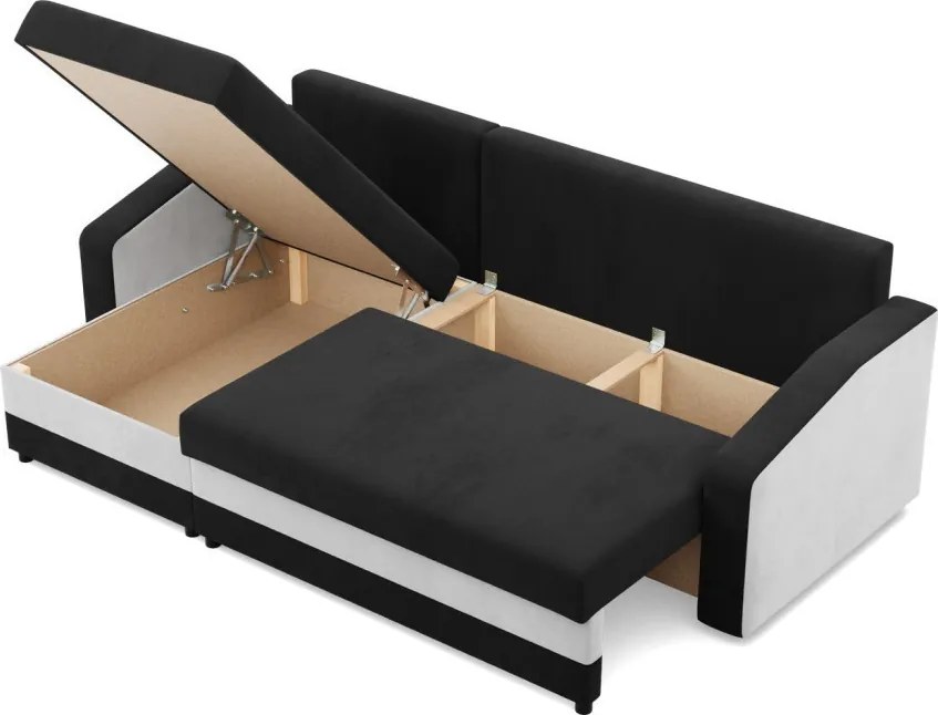 Hewlet sarokkanapé, 2 ágyneműtartóval, szövet anyag, univerzális oldal, hab töltet, fekete - fehér