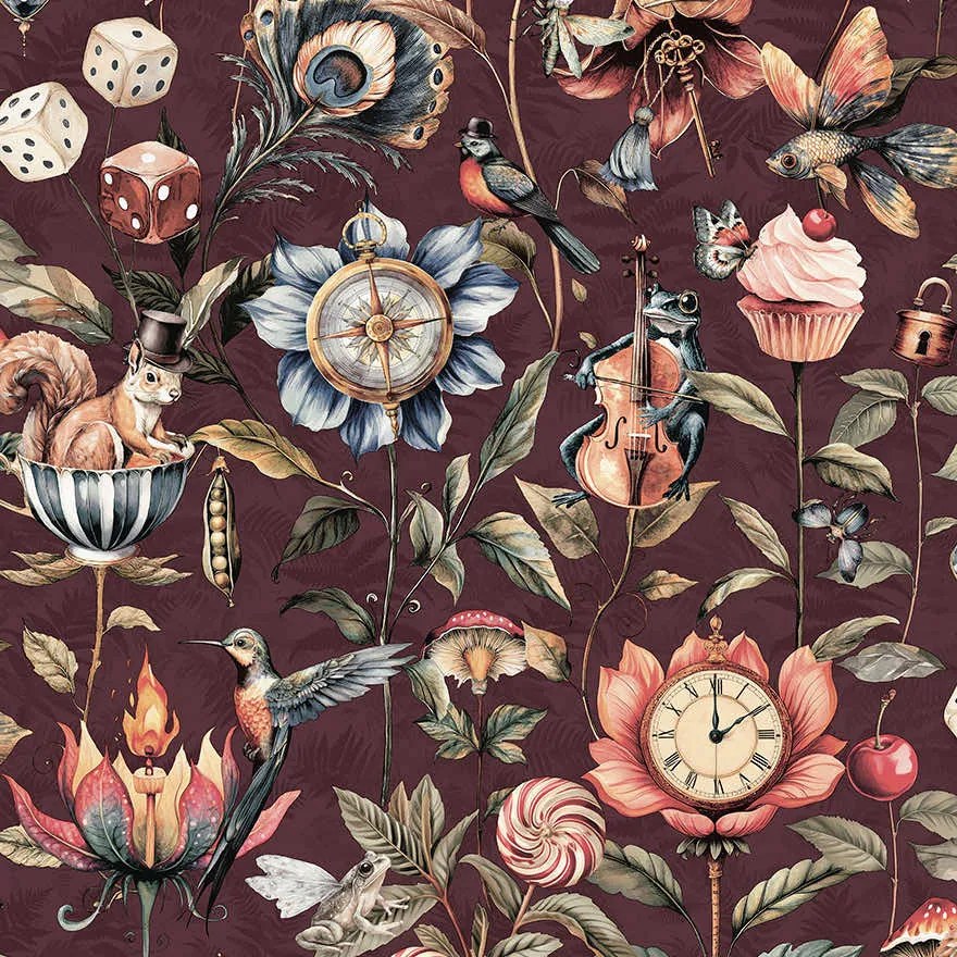Holden Decor Tales of the Manor Elysium bordó-lila állatos vlies tapéta – 91942