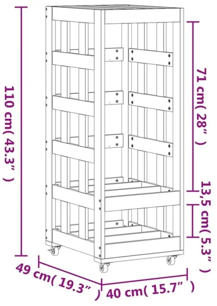fekete tömör fenyőfa rönktároló kerekekkel 40x49x110 cm