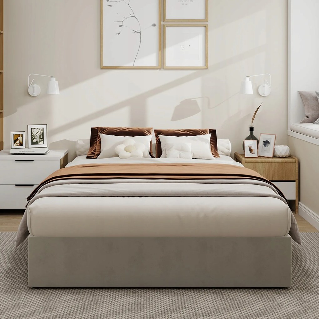 Kárpitozott ágy franciaágy 140x200cm Hidraulika Nincs fejtámla Bézs