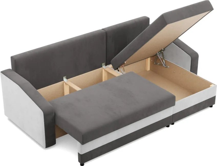 Hewlet sarokkanapé, 1 ágyneműtartóval, szövet anyag, univerzális oldal, bonell töltet, szürke - fehér