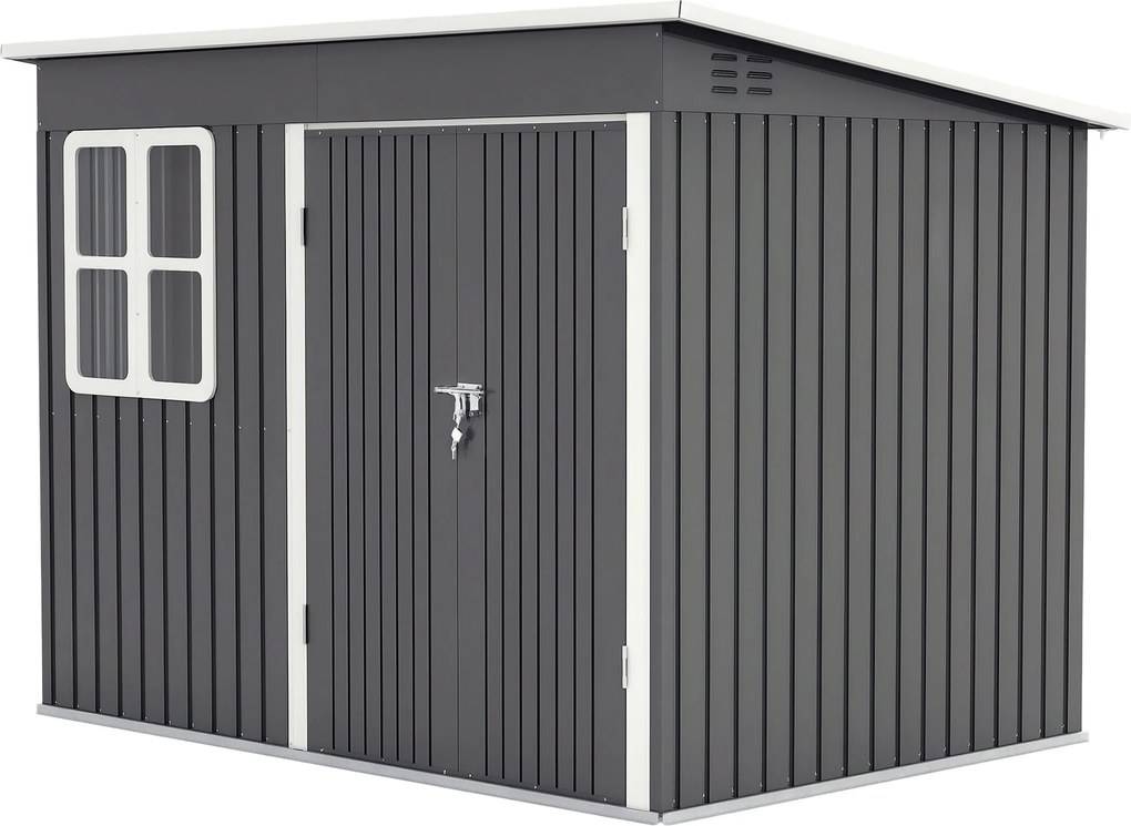 Outsunny Fém Szerszámtároló 4,13 m², 260 x 177 x 190 cm Ablakos Tetős, Zárható Ajtós, Időjárásálló Kertiház Kültéri Kert Szerszámtároló Szekrény Hátsó