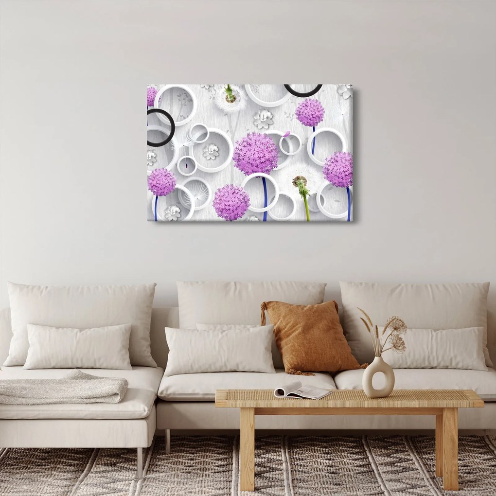 Kép a 3D absztrakció körökkel és virágokkal (90x60 cm)