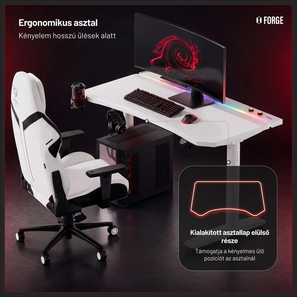 Elektromos RGB gamingasztal tartókkal, fehér, 160 cm: Diablo X-Forge 1600