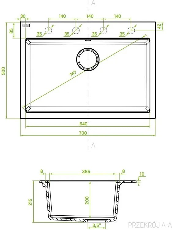 Laveo Tau, 1 rekeszes gránit mosogató 700x500x215 mm, fehér, LAV-SBT_6107