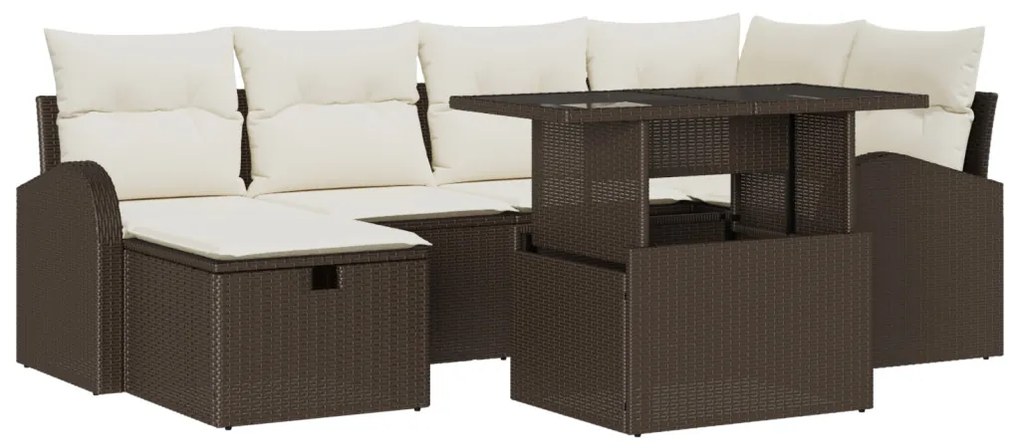 7 részes kert kanapé szett párnákkal, barna poli rattan, 2 személyes kert kanapé tárolóval és párnákkal barna poli rattan