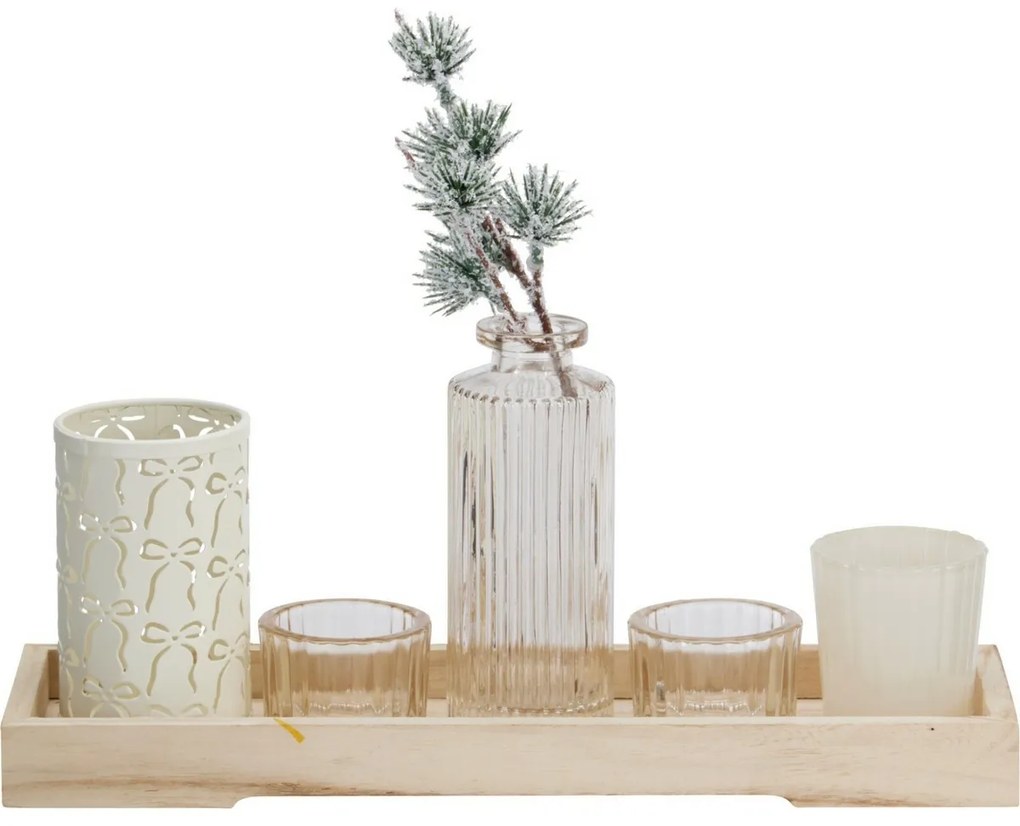 Gyertyatartó szett fa tálcán Winter Time, 6 db,10,5 x 32,5 cm