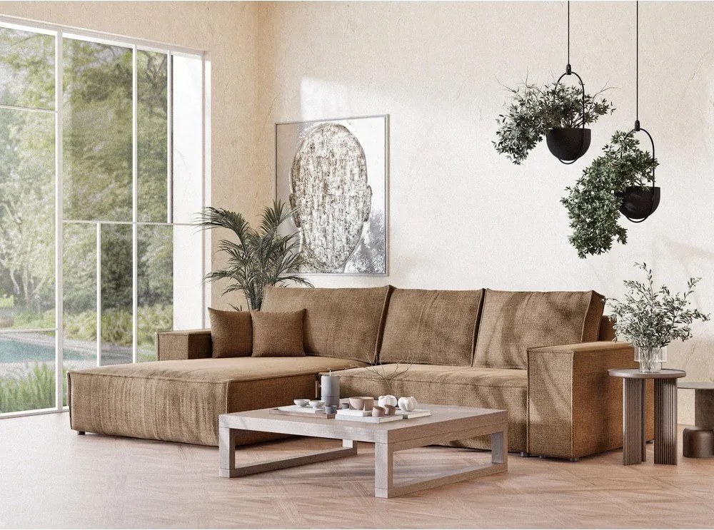 Világosbarna zsenília kinyitható-tárolóhelyes sarokkanapé (bal oldali-heverő résszel) Maze – Maison de Rêve