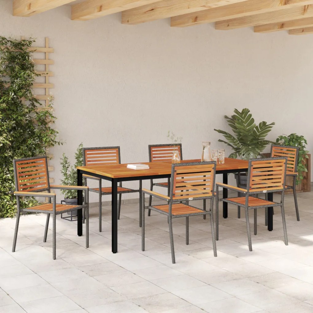7 darabos Kerti Étkezőszett Szürke Poli Rattan Akác, Egymásra rakható Kerti Székek párnákkal 2 db Szürke Poli Rattan, Kerti Asztal 200x90x75 cm Szilárd Akác Fa és Fém