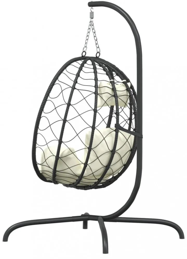 krémfehér polyrattan és acél függő kagylószék párnával