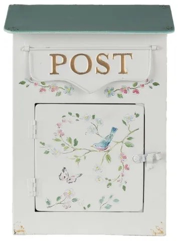 Fehér fém postaláda színes virágos, madaras, 22x12x31cm