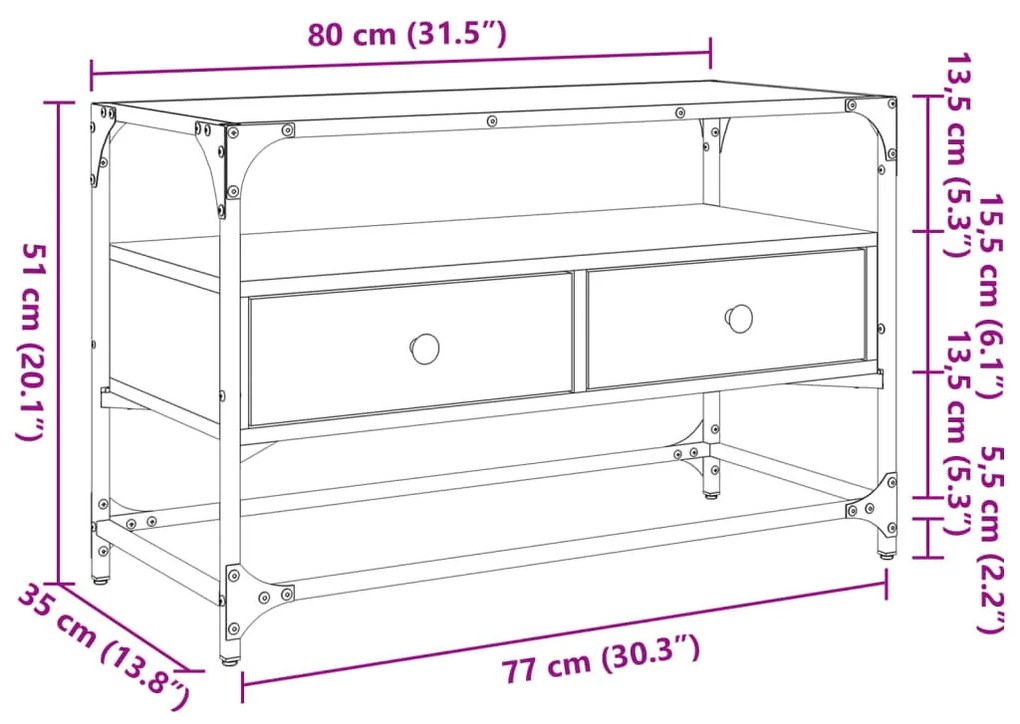 sonoma tölgy szerelt fa TV-szekrény üveglappal 80 x 35 x 51 cm