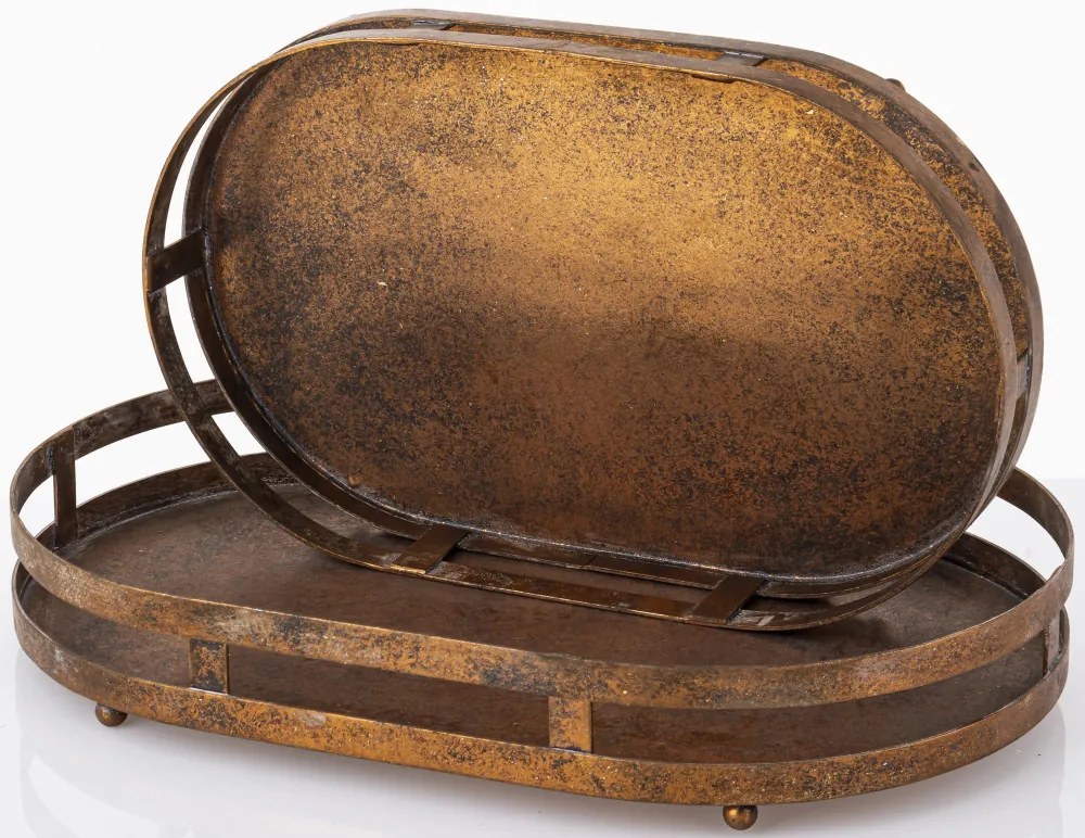 Ovális fogantyús koptatott bronz színű 2db-os fém tálca szett 6x40x26/6x35x22cm
