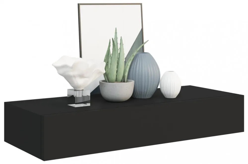 2 db fekete MDF falra szerelhető fiókos polc 60 x 23,5 x 10 cm
