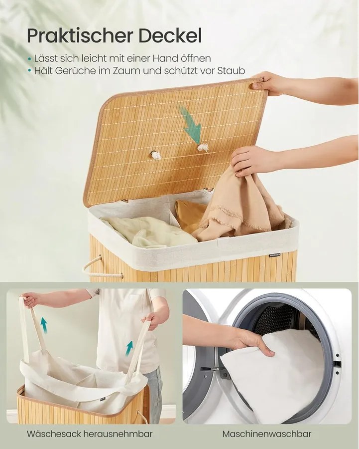 Szennyeskosár fedéllel, 2 rekeszes, 120 literes, bambusz szennyestartó, natúr