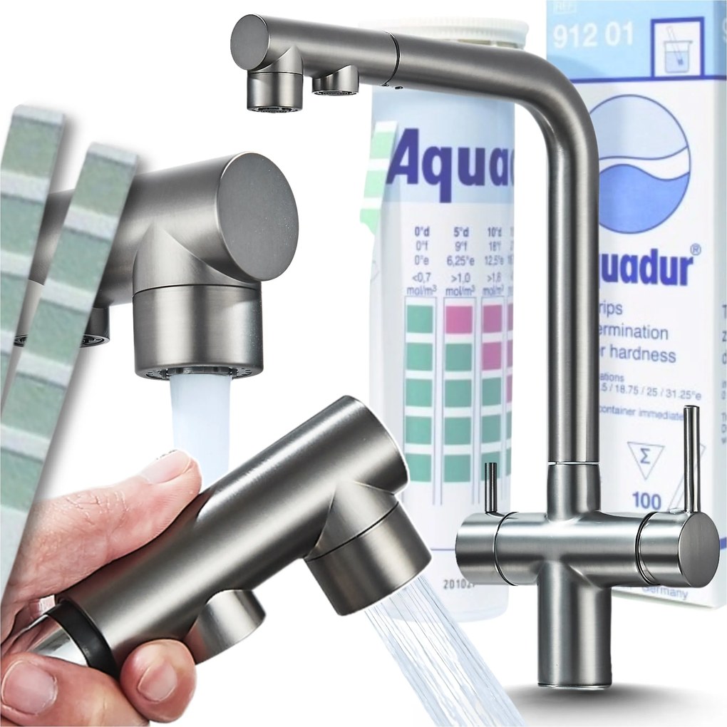 Grafit Színű Háromutas Konyhai Csaptelep Vízszűrőhöz, Kihúzható És Kivehető Csővel