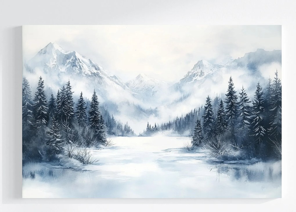 Vászonkép Canvas Tájkép Tél Hó Jég Fagy Hegyek Erdő Tó 120x80