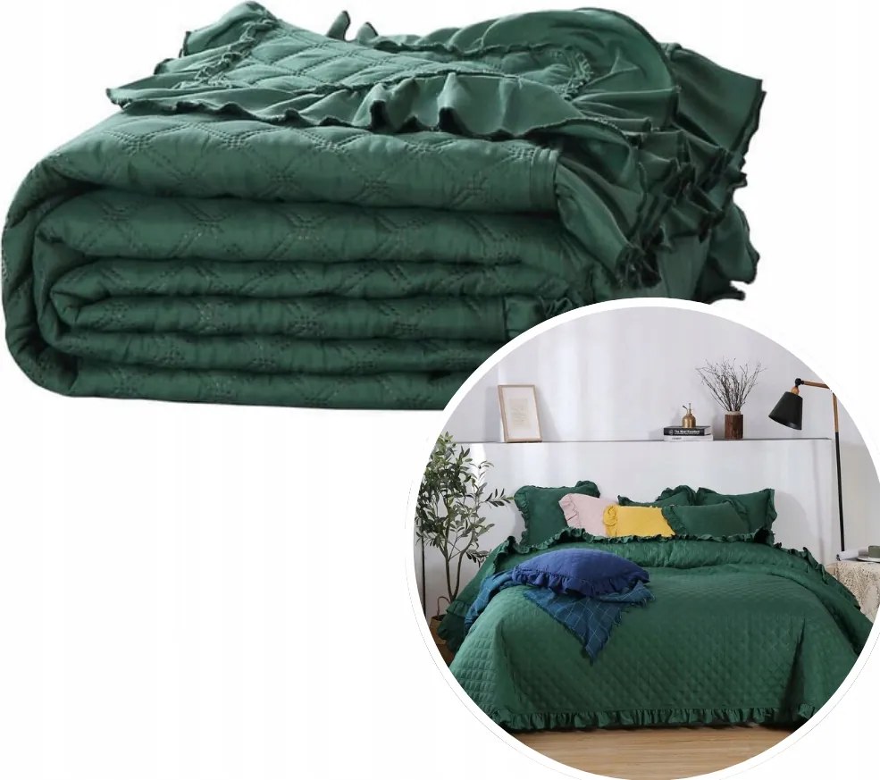 Palack Zöld Steppelt Ágytakaró Fodros 240 x 260 xXL Boho Pled Kapa