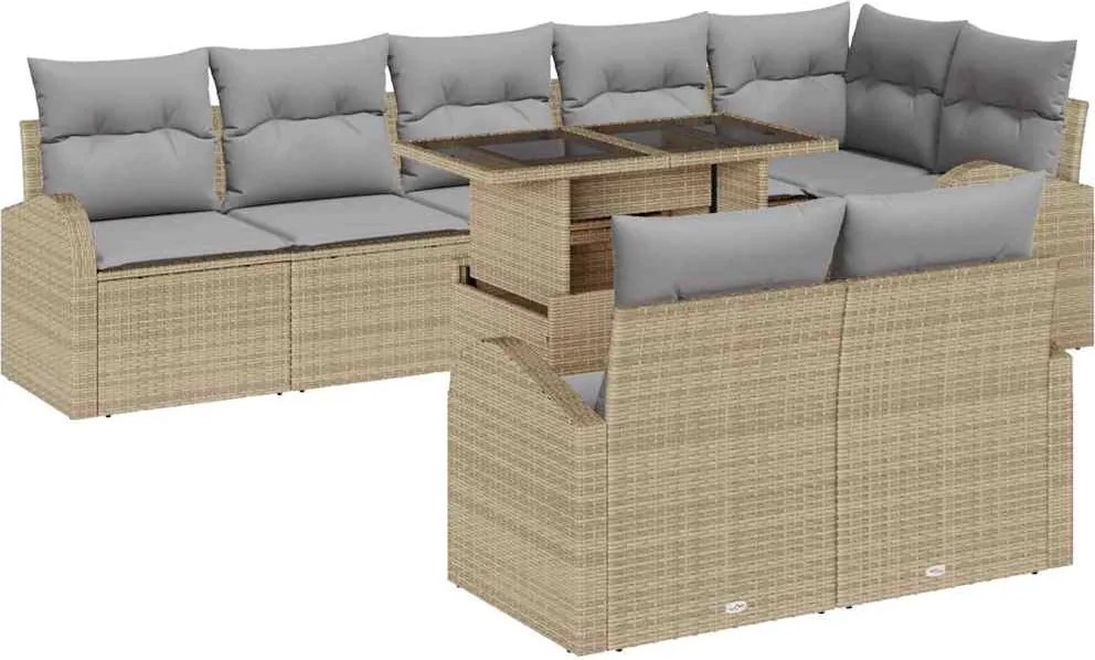 vidaXL Kerti Kanapé Szett párnával tárolóval 9 pcs Bézs Poli rattan