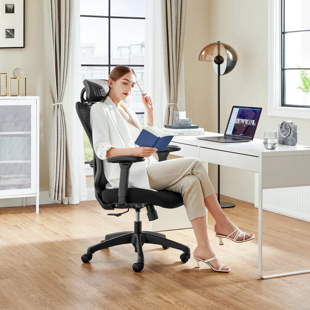 Irodai ergonomikus szék, állítható deréktámasszal és fejtámlával, fekete