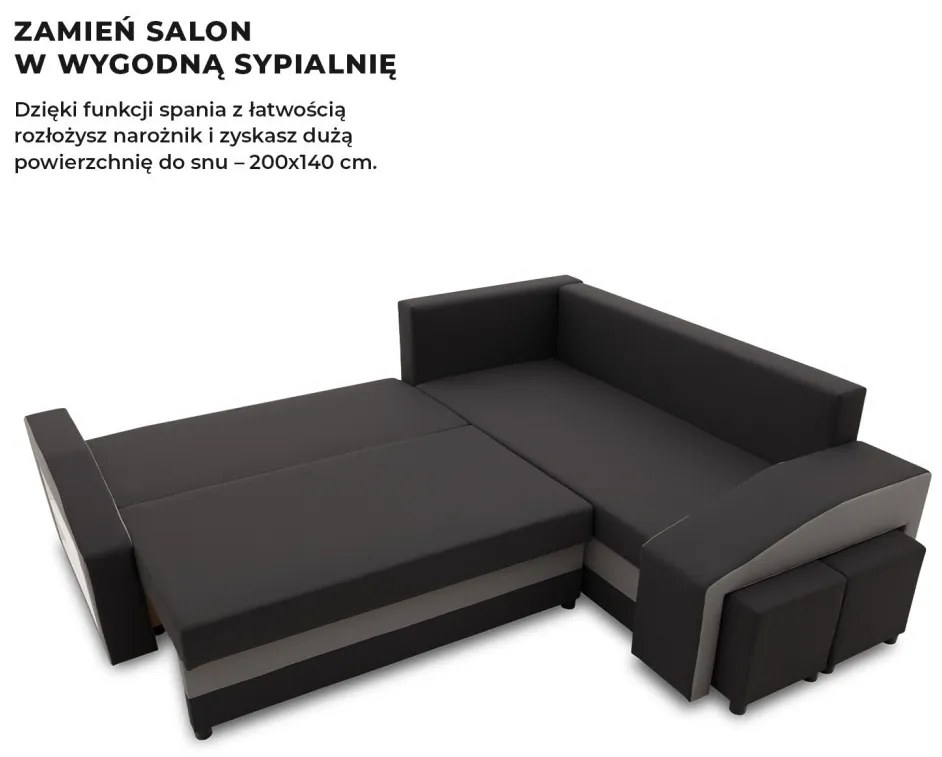 Grande sarokkanapé polcokkal és puffokkal , polc a bal karfaban puffok a jobb karfaban, jobboldali, szövet anyag, bonell töltet, fekete - szürke