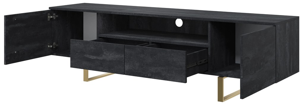 Verica 200 cm-es TV-szekrény nyitott polccal - szénfekete / arany lábak