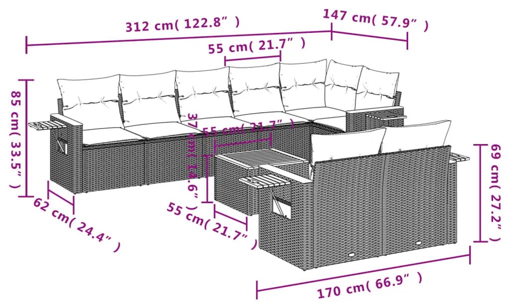 9 részes szürke polyrattan kerti ülőgarnitúra párnákkal