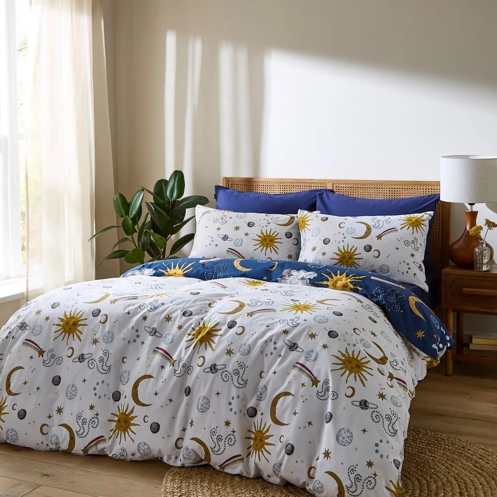 Fehér-kék egyszemélyes pamut ágyneműhuzat 135x200 cm Disco Space – Their Nibs