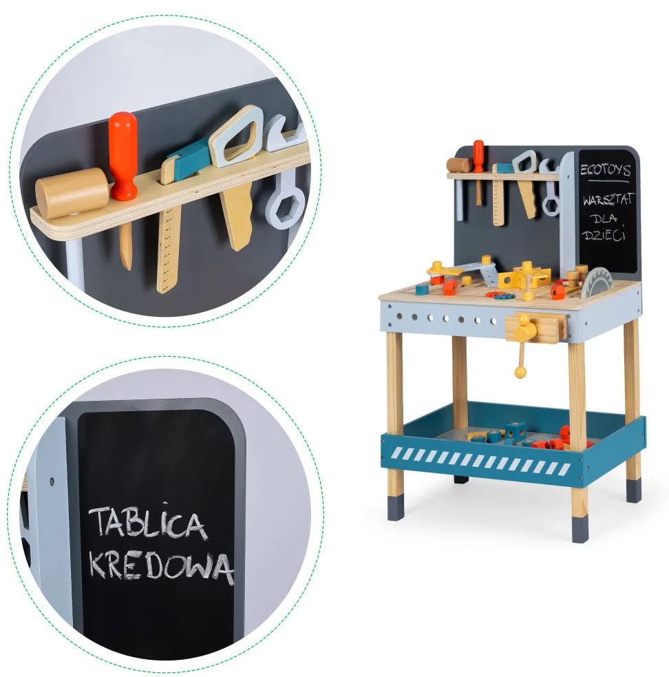 Fa barkács asztal szerszámokkal krétatáblával 47 darab