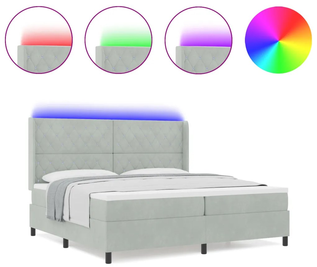 Boxspring Ágy Matresszel & LED Fény Szürke 200x200 cm Bársony