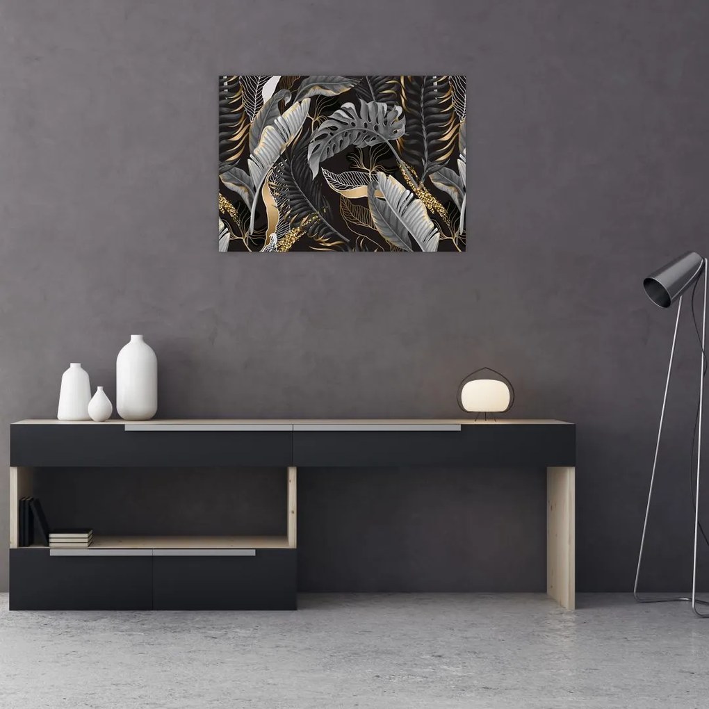 Kép - Trópusi levelek fekete és arany színben (üvegen) (70x50 cm)