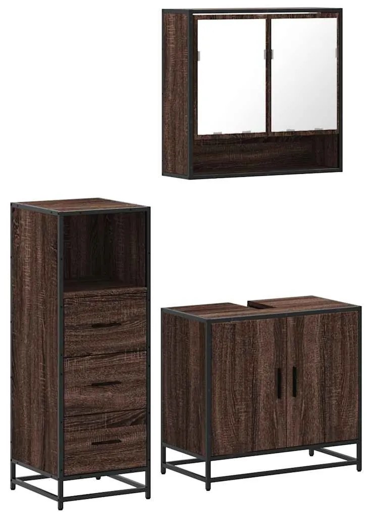 3 részes barna tölgy színű szerelt fa fürdőszobai bútorszett