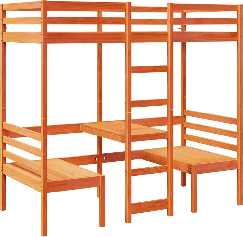 vidaXL barna fenyő galériaágy-keret asztallal és székekkel 90 x 200 cm