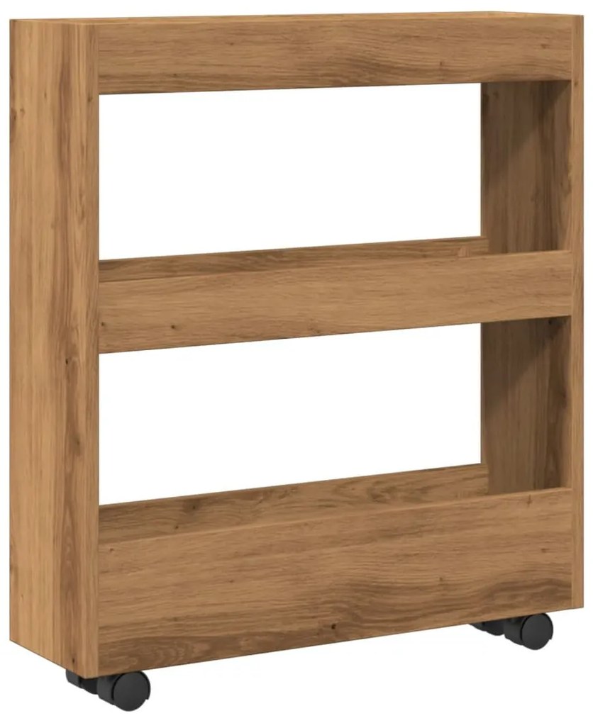 3 szintes kézműves tölgy színű szerelt fa keskeny tárolókocsi