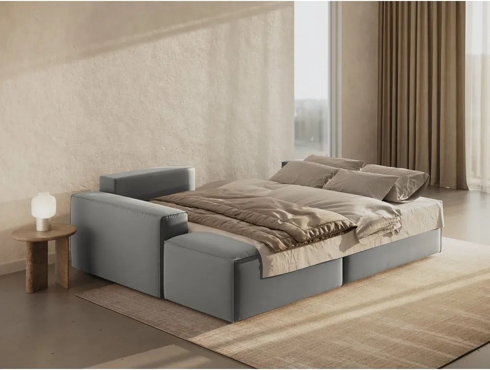 Világosszürke bársony kinyitható-tárolóhelyes sarokkanapé (bal oldali-heverő résszel) Jodie – Micadoni