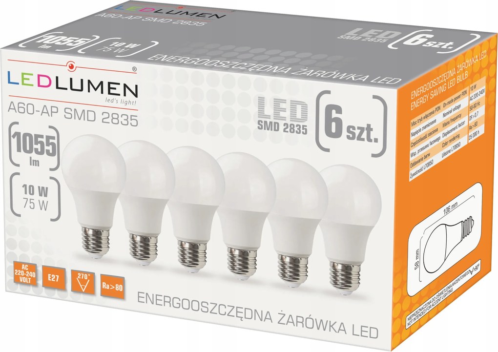 6 db-os Led izzó szett E27 10W 1055lm Meleg 3000K A60 Nincs villódzás 270°