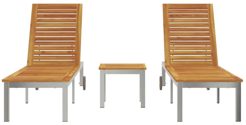 Napozóágy 2 db Asztallal Tömör Akácfából, Napozóágy Kerekekkel 207x58x35 cm Tömör Akácfa & Rozsdaálló Acél