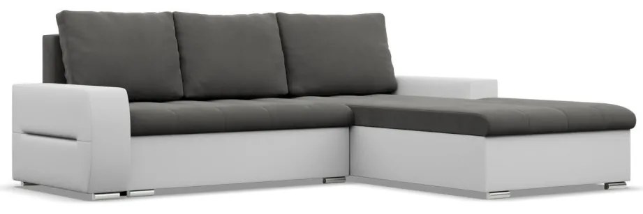 Toronto sarokkanapé, 2 ágyneműtartóval, bársony + műbőr, jobboldali, szürke - fehér