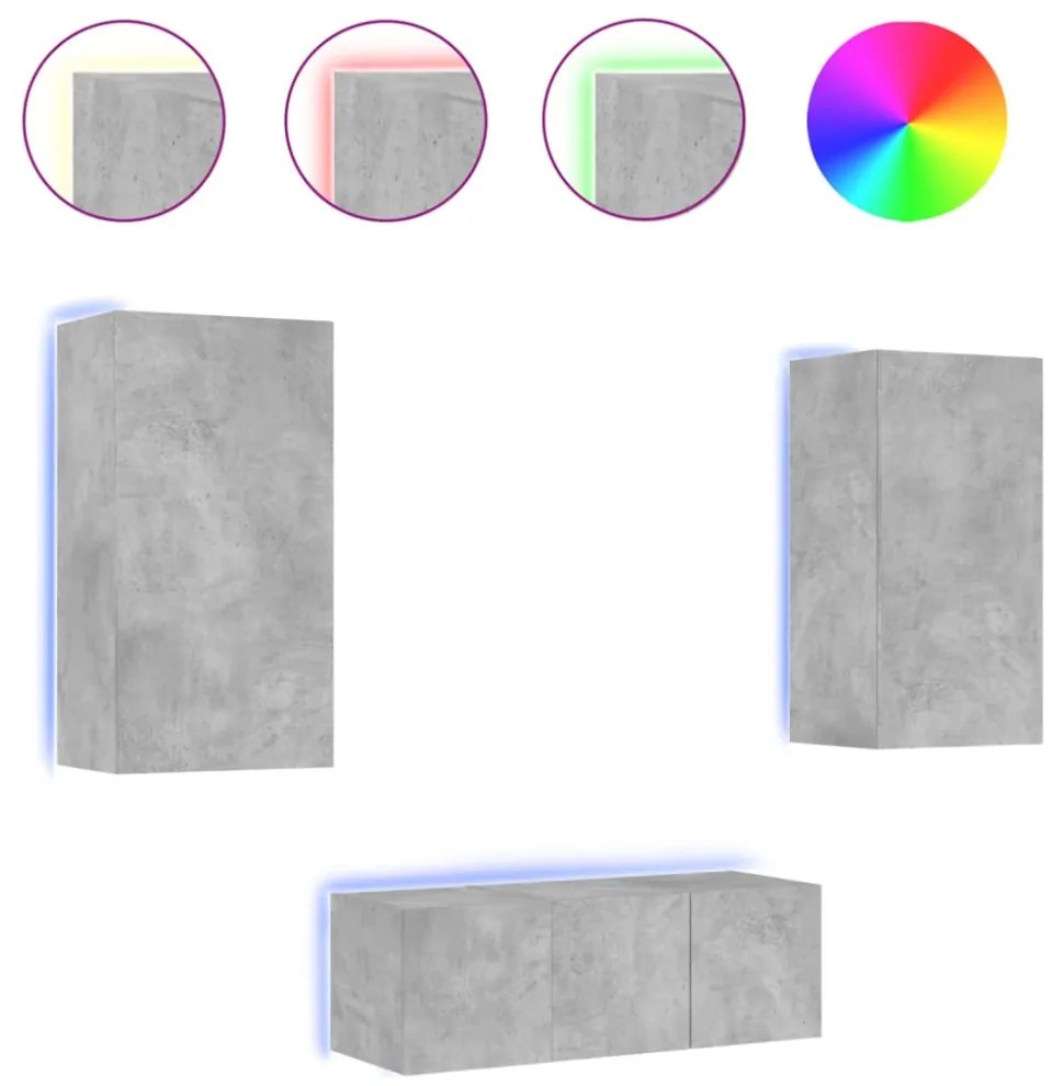 vidaXL 4 darab betonszürke szerelt fa fali TV-bútor LED-del