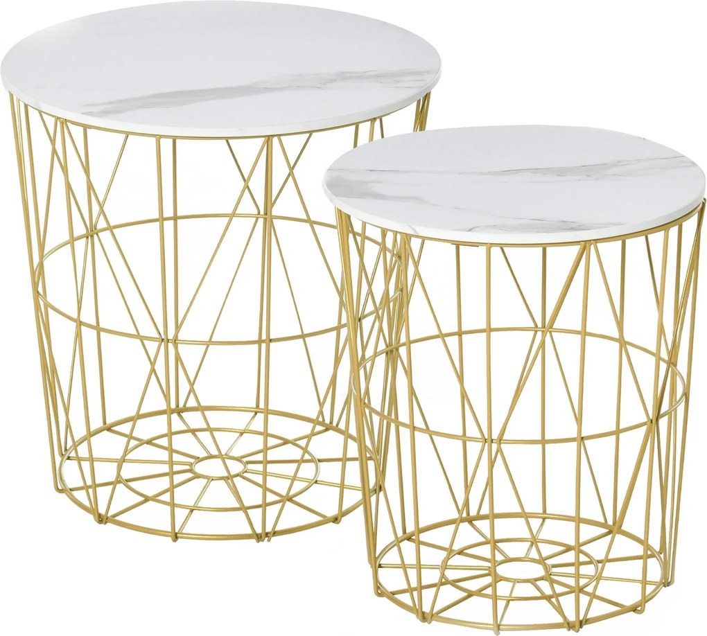 HOMCOM 2 db-os Modern, Összecsukható Nappali Kávézóasztal Eltávolítható Polccal, Tárolós Kávézóasztal Nappaliba és Hálószobába, Fehér Arany | Aosom